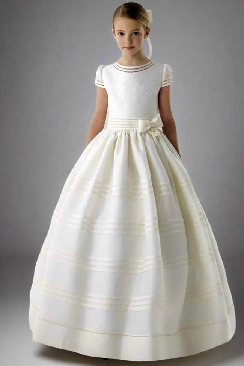 A-Line Bateau Neck Short Cap Puff Sleeves Satin Floor Length Flower Girl Dresses 920076518989 - 10 Days / White / 2 - COCOMELODY